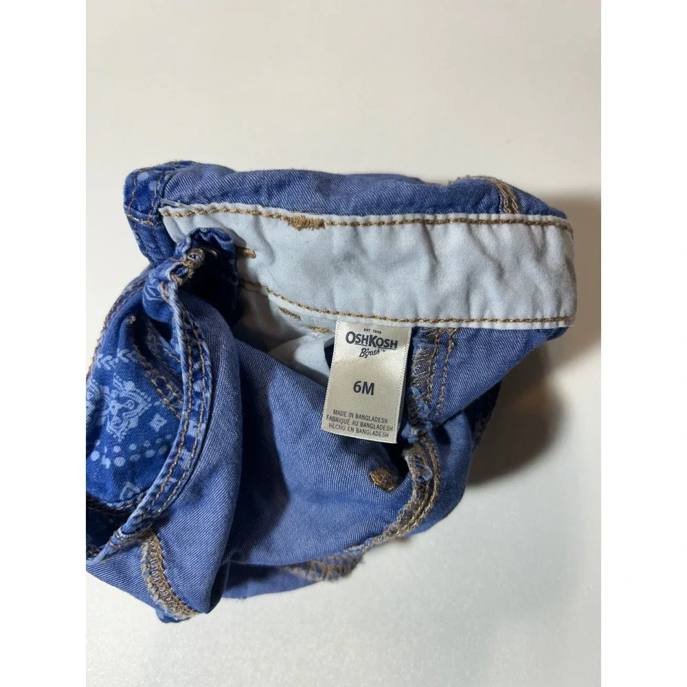 OshKosh Shortalls Baby 6M Blue Excellent Bandana Paisley Heart Print Denim